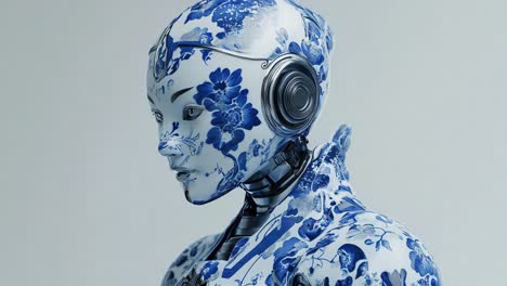 Female Robot with Porcelain-Inspired Blue and White Floral Pattern