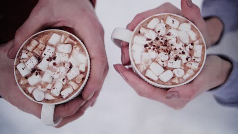 Zwei-Tassen-Kakao-Beim-Aufwärmen-Der-Hände-Von-Menschen-Mit-Marshmallow-Im-Winter-Mit-Schnee-Im-Hintergrund