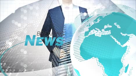 animation of news text over globe, businesswoman and data processing