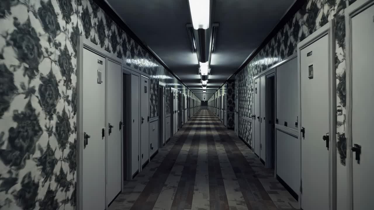 A video still of a long, dimly lit hallway with vintage wallpaper