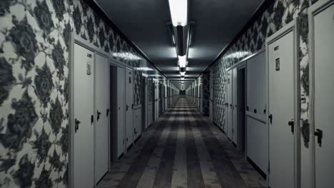 a video still of a long, dimly lit hallway with vintage wallpaper