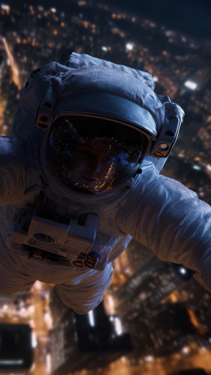 An astronaut hovering above a vibrant cityscape at night, with dazzling lights reflecting on the visor, representing an awe-inspiring leap into the unknown