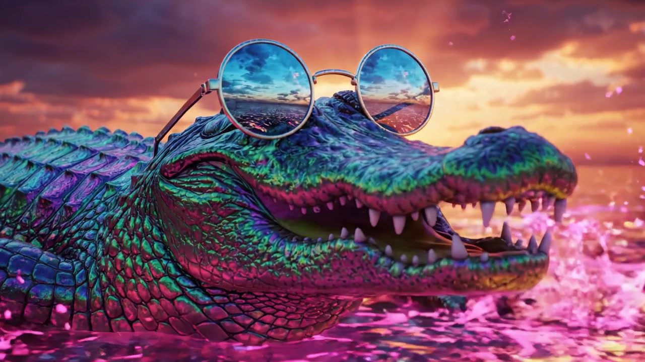 Un alligatore vivace che si rilassa in un tramonto colorato, indossando occhiali da sole alla moda, circondato da acque rosa riflettenti e drammatici motivi di nuvole in una scena mozzafiato