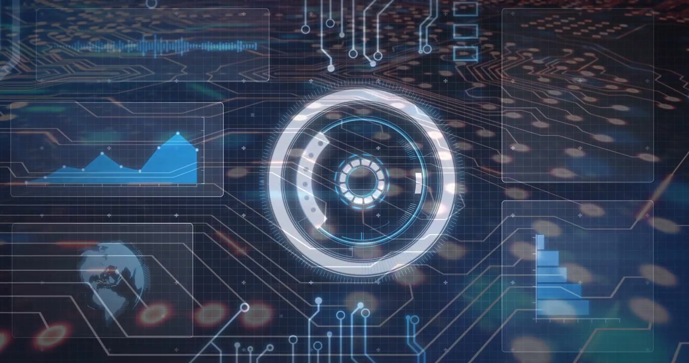 Boot pulse activating central HUD, assembling rings, rotating, pulling data, stabilizing dashboard