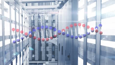 Animación-Del-Hilado-De-Cadenas-De-ADN-Y-Procesamiento-De-Datos-En-Una-Sala-Tecnológica-Con-Servidores-Informáticos.