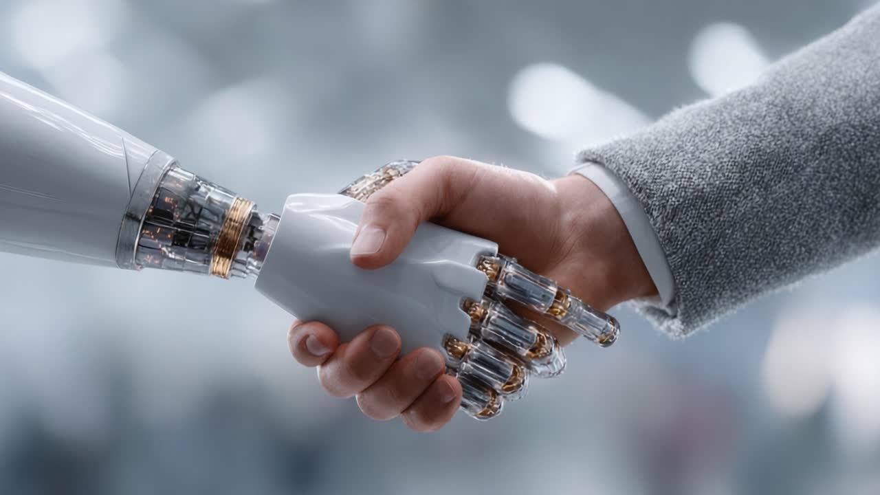 A Moment of Trust: Human and Robot Shaking Hands in a Futuristic Setting, Symbolizing Cooperation Between Man and Machine in a World of Advanced Technology