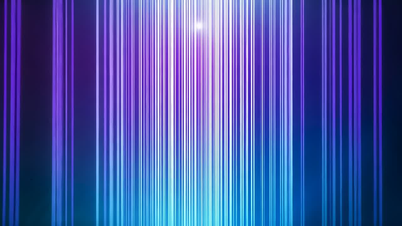 Pulsing glowing point initiating thin vertical neon light beams flowing in violet-blue gradient