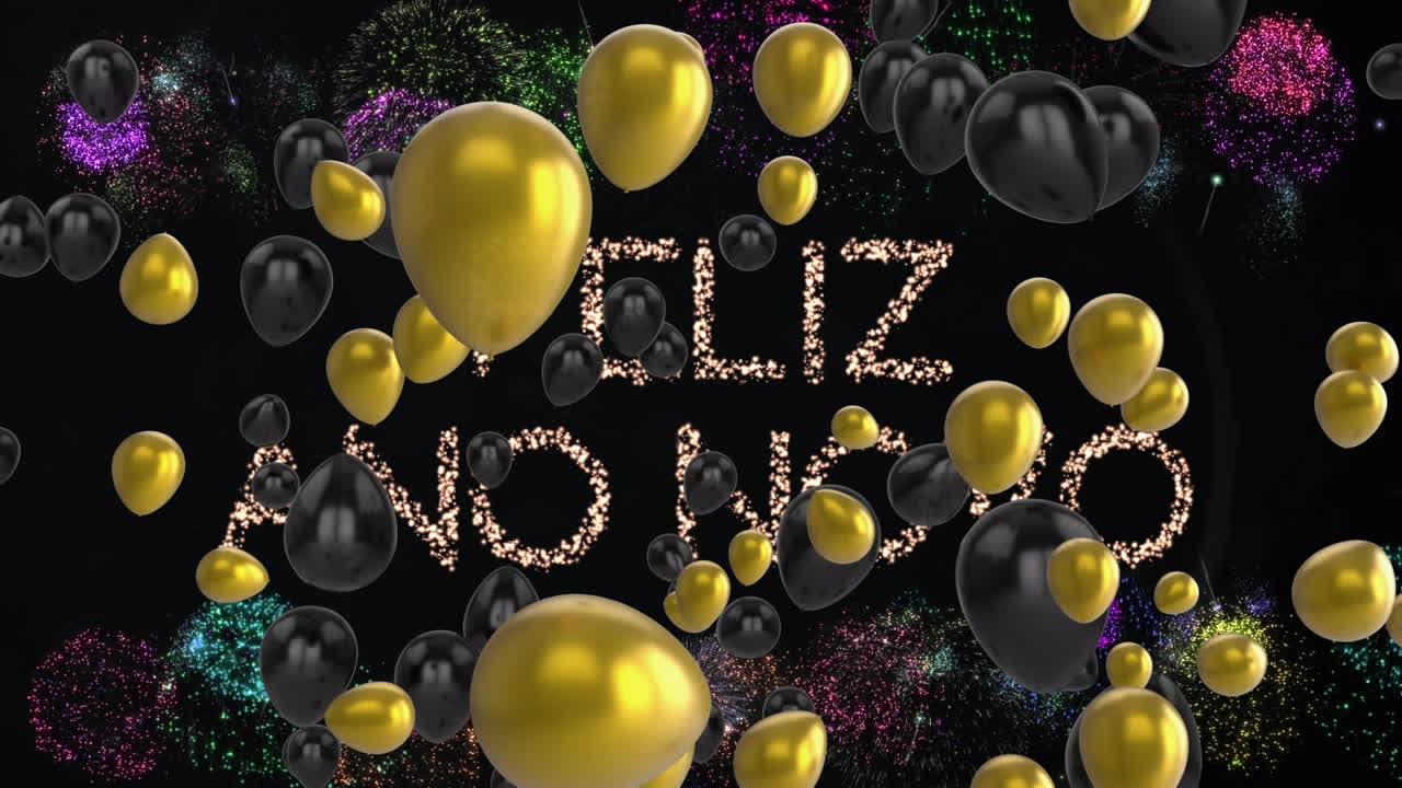 animación de texto de feliz año nuevo, globos de oro con fuegos artificiales sobre fondo negro