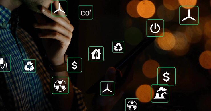 Man Using Smartphone with Augmented Reality Energy and Sustainability Icons