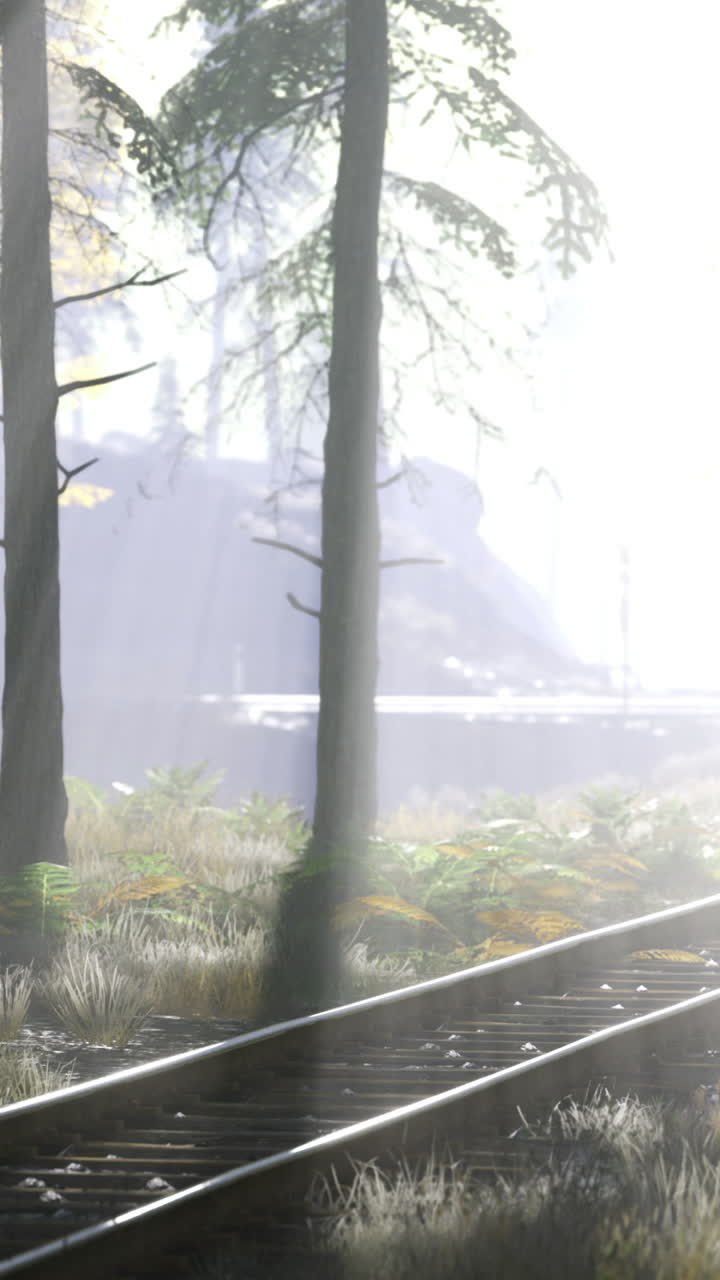 Beautiful morning light shines on train tracks in a tranquil forest