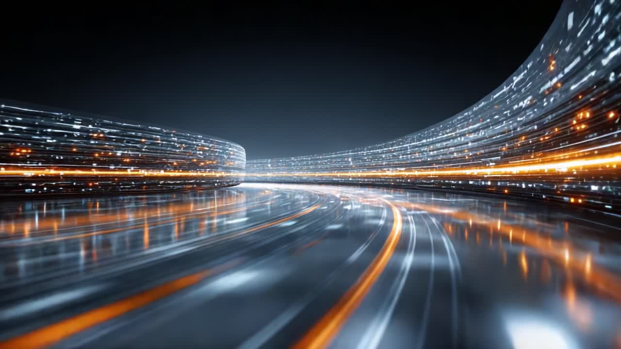 Captivating Motion of Lights and Reflections on a Curved Pathway, Showcasing Dynamic Lines and Vibrant Colors in an Abstract Digital Environment