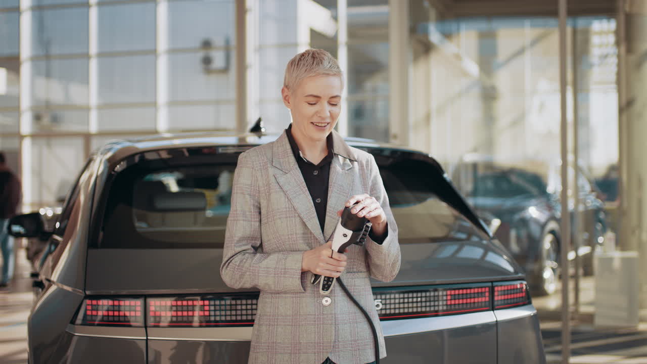 mujer cargando coche electrico