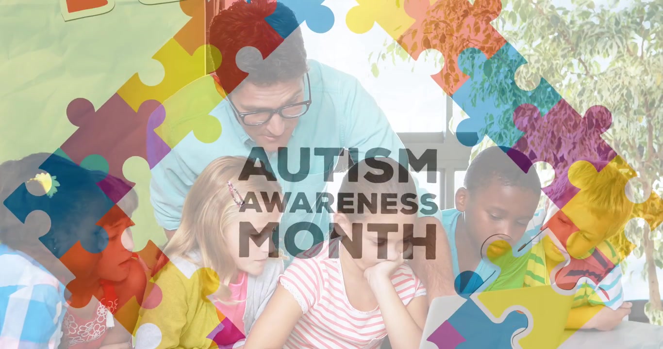 Animazione di puzzle colorati e mese di sensibilizzazione sull'autismo su un uomo caucasico e bambini di diverse etnie.