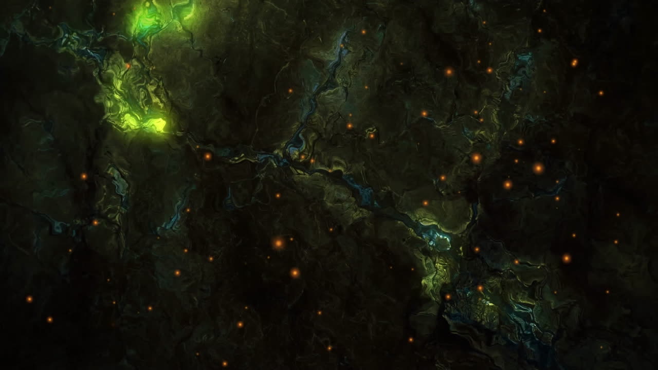 Glowing green and orange lights over dark, intricate landscape animation