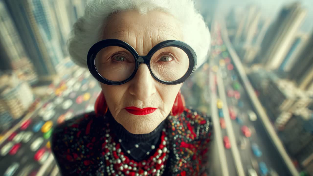 Captivating Portrait of an Elegant Elderly Woman with Distinctive Style and Accessories, Gazing Directly at the Camera Against a Vibrant Urban Backdrop Filled with Colorful Traffic and Skyscrapers