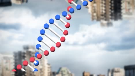 Animation-of-dna-strand-spinning-over-out-of-focus-cityscape