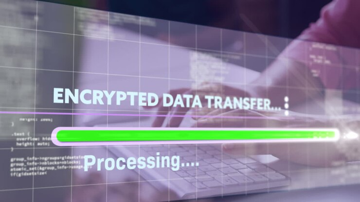 Animation of data processing over woman using computer