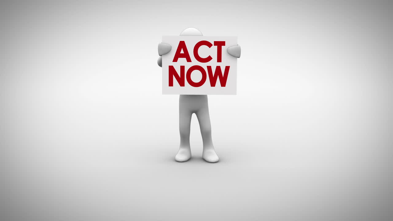 "지금 행동하라"라는 표지판을 들고 있는 색 문자