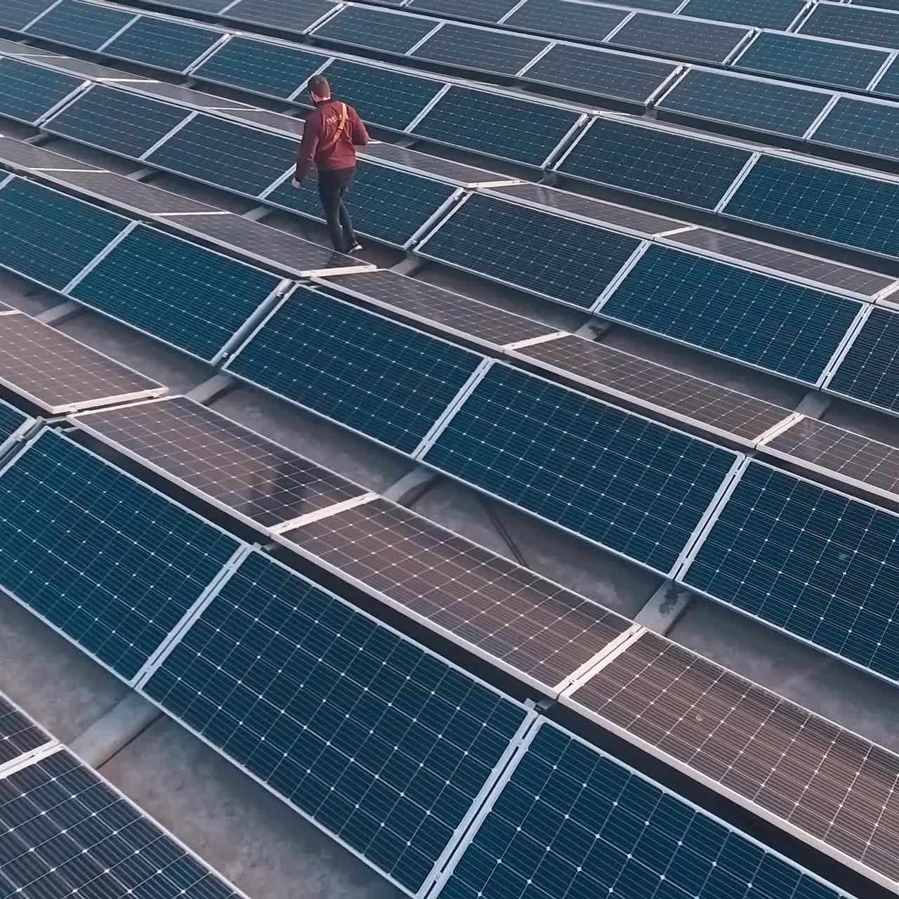 Man walks on the modern solar farm. Rows of innovative photovoltaic solar panels collect sunny energy. Sustainable clean energy.