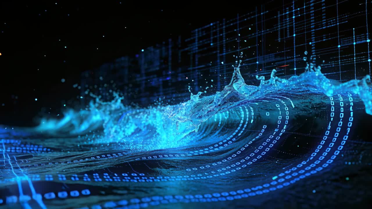 Impulso che guida un'onda di dati blu con anelli binari che si propaga su un piano scuro, trasmettendo dati tecnici.