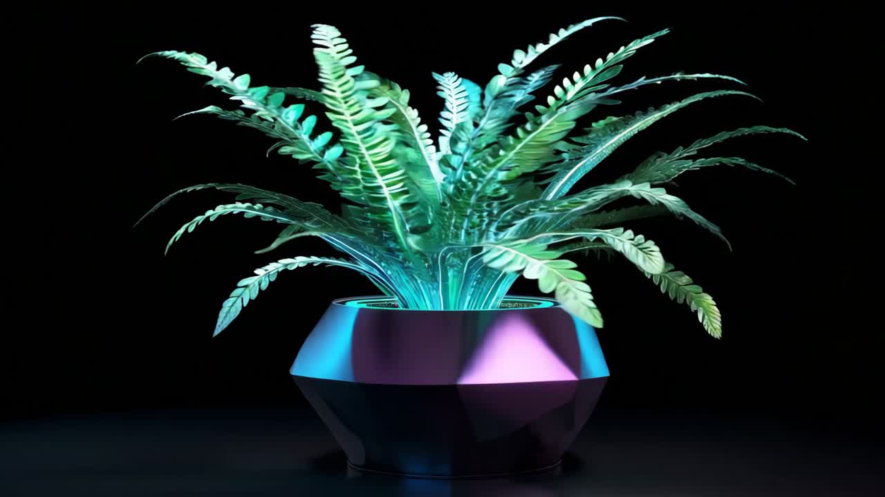 planta de helecho moderna en una olla geométrica con iluminación de neón