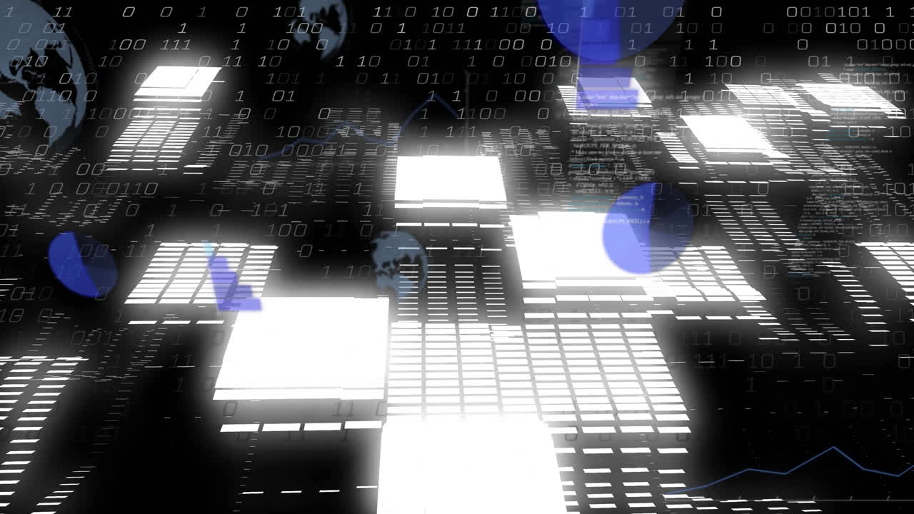 Animation of digital data processing with binary code and glowing shapes in motion
