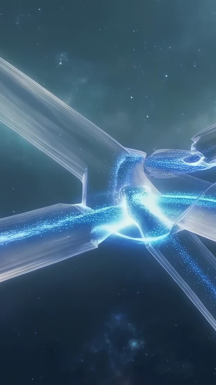 Vertical video: Converging blue streams igniting node, sending pulse to adjacent tube in space