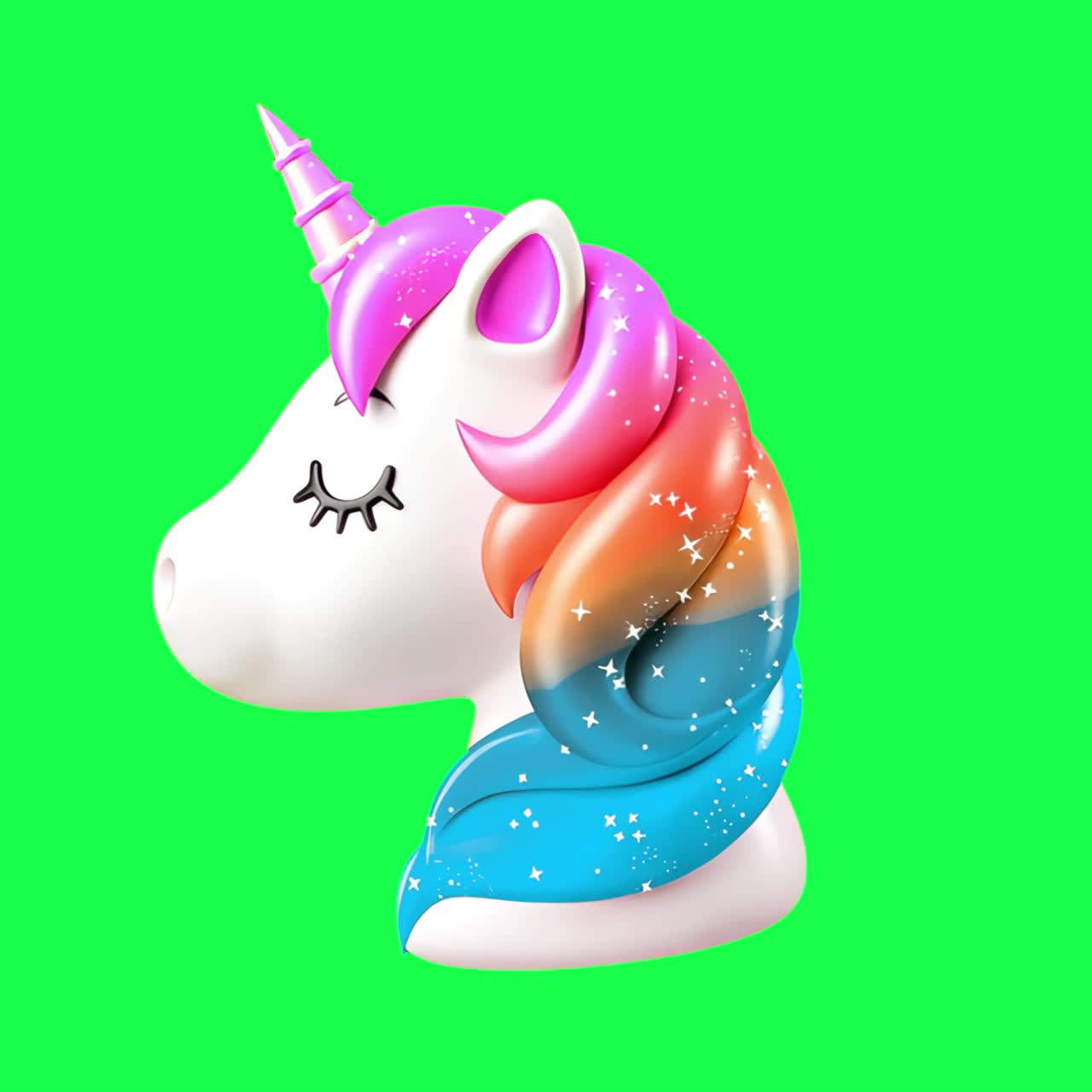 Colorful unicorn head illustration animation, transparent 4K video, green screen