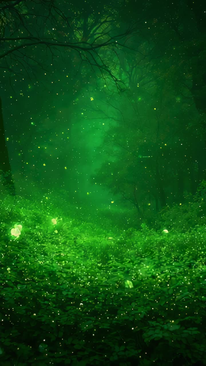 Video vertical: Cámara avanzando para mostrar un claro del bosque, con orbes luminosos flotando y niebla ascendiendo.