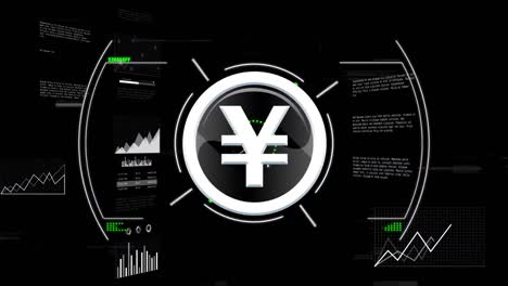 animation of yen symbol over data processing on black background