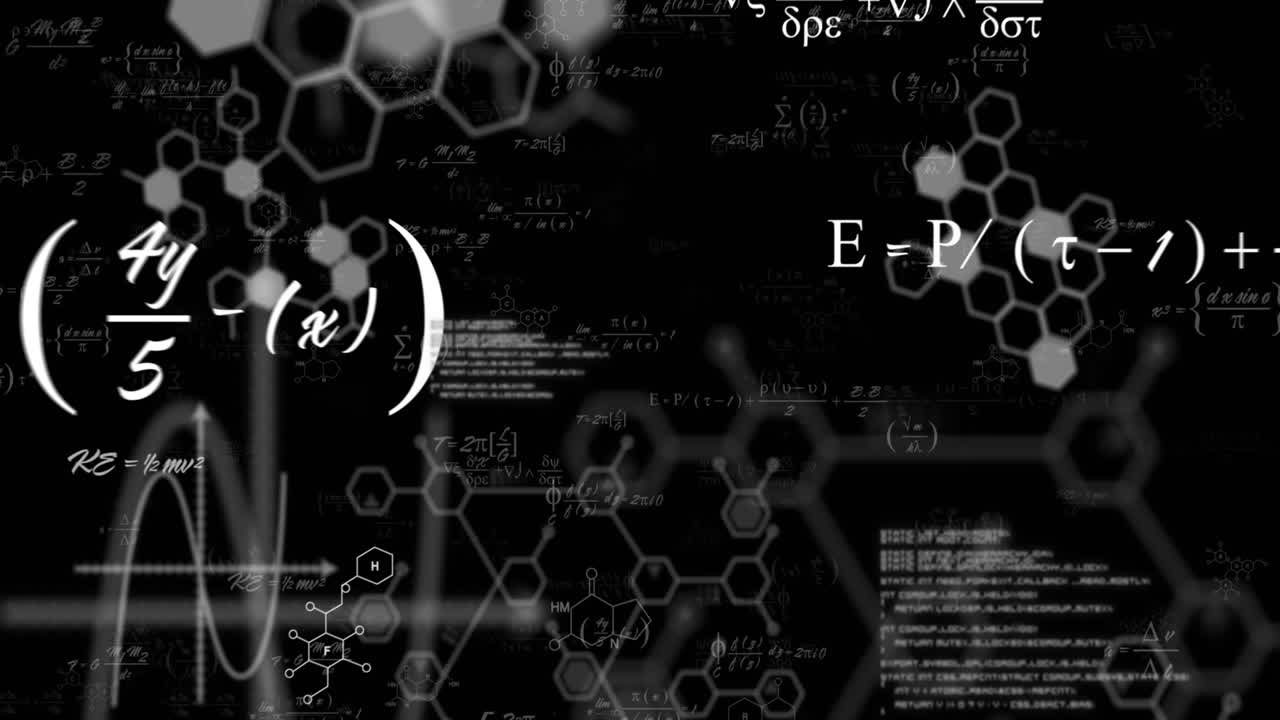 검은 바탕에 수학적 방정식과 데이터 처리의 애니메이션