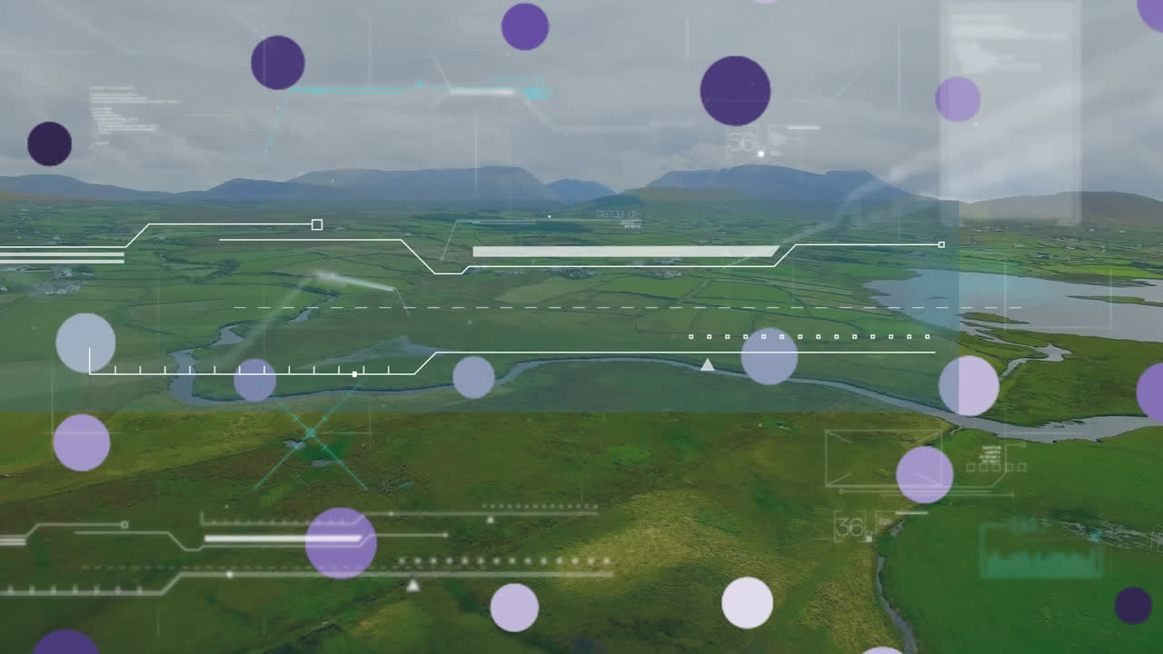 Farmland valley getting overlaid with semi-transparent AR graphics, showing contour lines and data