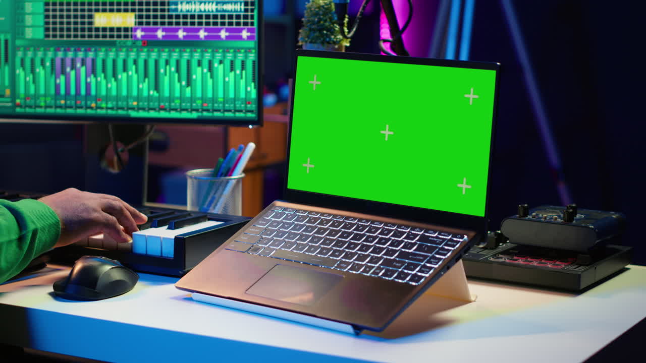 음악 프로듀서 디지털 포스트 프로덕션 pc 인터페이스에서 노래를 싱하고 마스터링합니다.