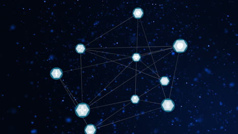 red de conexiones girando contra manchas brillantes flotando contra un fondo azul
