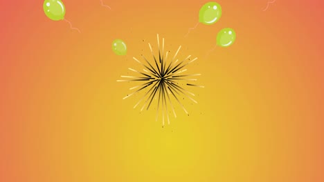 animation of fireworks exploding with green balloons on orange background