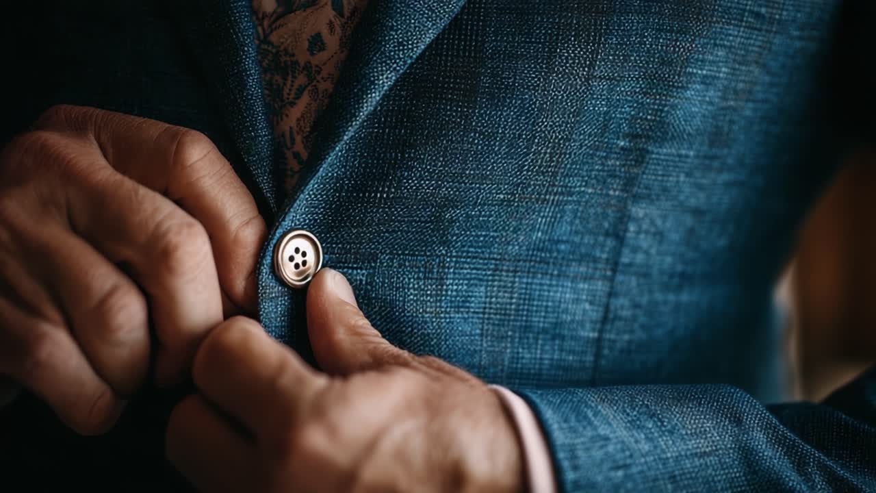Tampilan Jarak Dekat Tangan Mengancingkan Jaket Jas Biru Bergaya, Menampilkan Tekstur, Detail, dan Selera Mode yang Elegan, Sempurna untuk Acara Formal.
