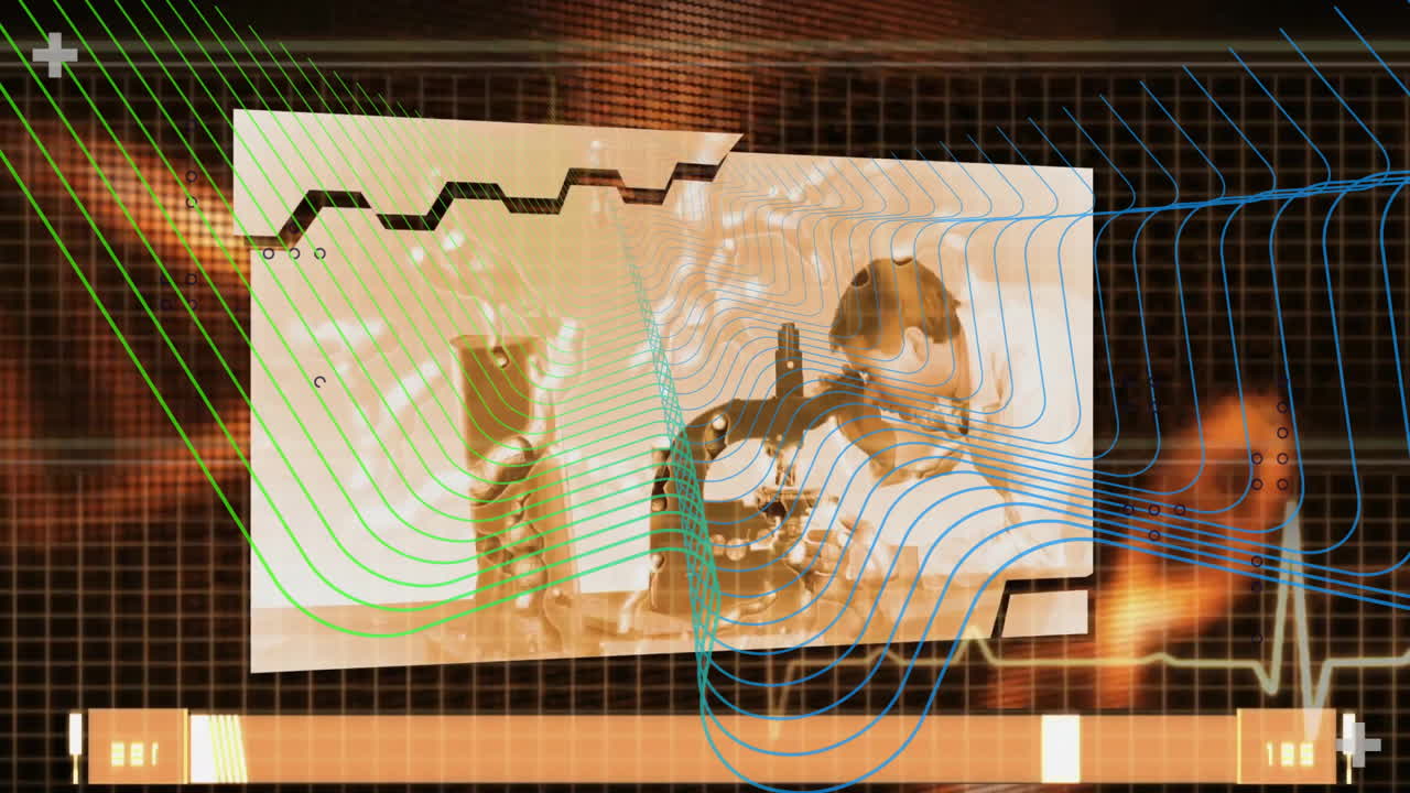 Male scientist leaning through microscope in tech dashboard, showing ECG waveform and contour lines