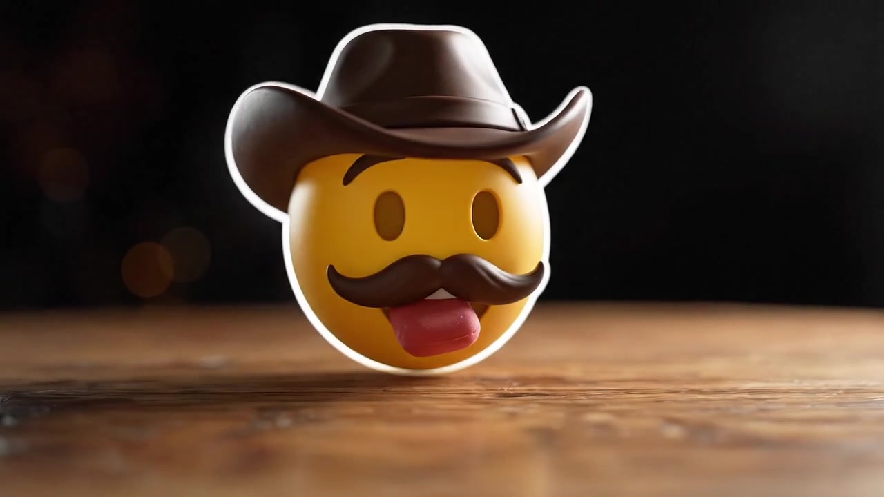 Emoji de cowboy brincalhão exibindo uma expressão alegre com bigode e chapéu de cowboy, incorporando capricho e humor em seu rosto amarelo vibrante