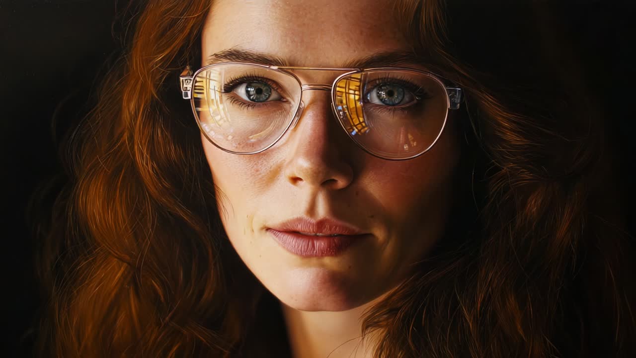 A captivating portrait of a young woman with long, wavy reddish-brown hair and stylish glasses, highlighting her intense gaze and reflections within the lenses, evoking curiosity and depth in a beautifully lit setting
