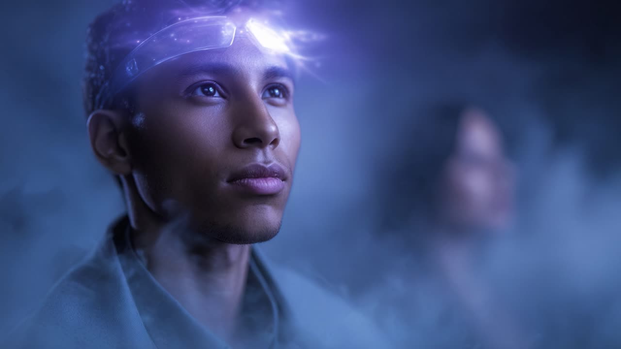 An Introspective Moment: A Young Man with a Futuristic Headset Transcends Reality Amidst a Mysterious Mist, Embodying Innovation and Possibility
