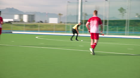 playing field hockey, male players competing in outdoor match on green turf