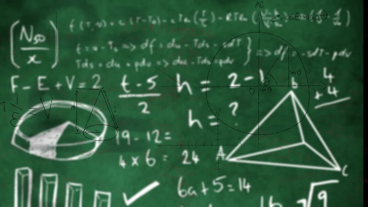 animación de ecuaciones matemáticas flotando sobre formas geométricas en la pizarra verde