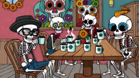 skeletons celebrating day of the dead at a coffee shop