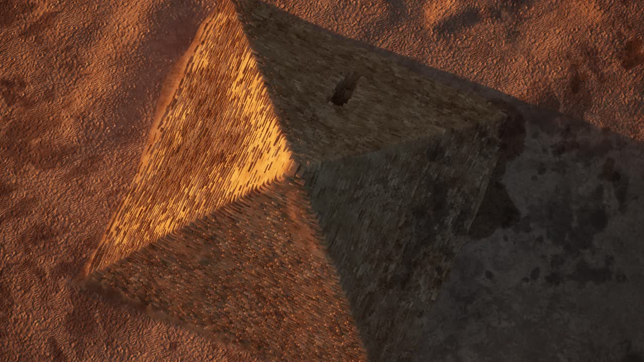 Egyptian Pyramids on desert arid environment on sunset 3D animation top view