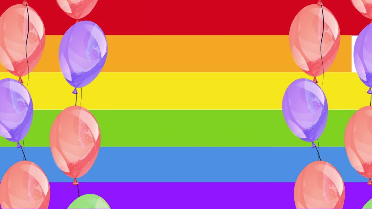 animación de texto de orgullo con unicornio en círculo de arco iris sobre globos coloridos en fondo de arco iris
