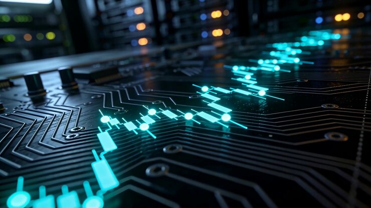 Responding to rack signal, cyan data trace flowing along PCB surface at lab for diagnostics