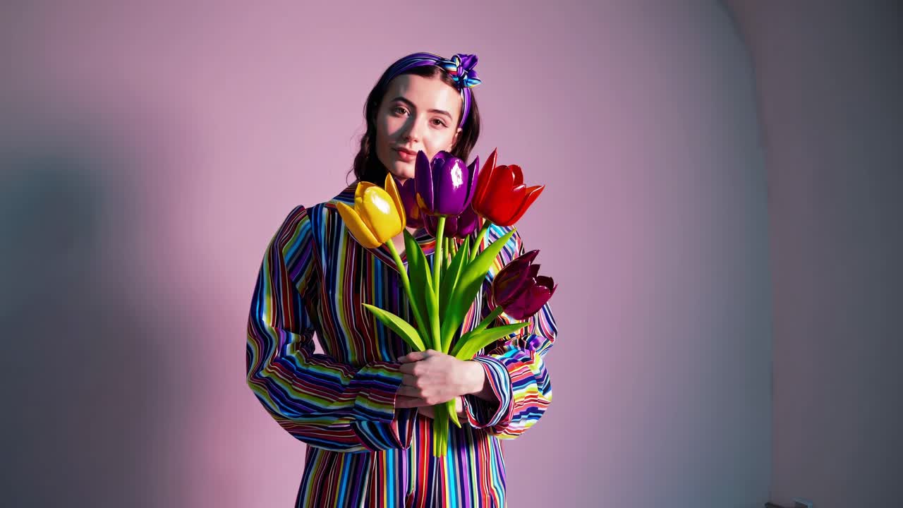 Woman in colorful striped dress holding tulips