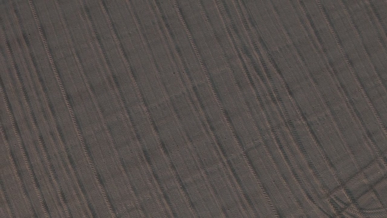 Cultivated cereal farmland in the Po Valley, Italy, revealing mechanized tillage patterns, seedbed preparation, and dry alluvial soil textures, top down drone orbit shot.