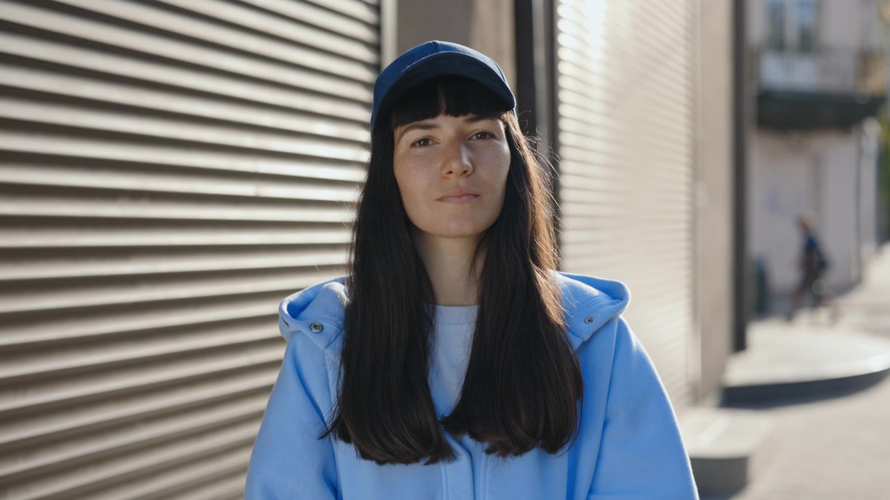 Ritratto di una giovane donna con felpa blu con cappuccio e cappellino da baseball