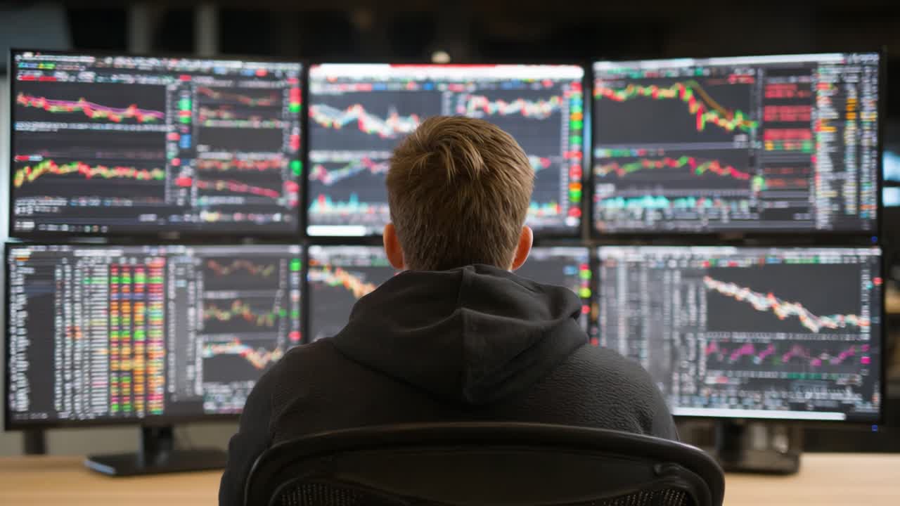 A Focused Trader Analyzing Complex Financial Data on Multiple Monitors in a Modern Trading Environment, Engaged in Strategic Market Decisions